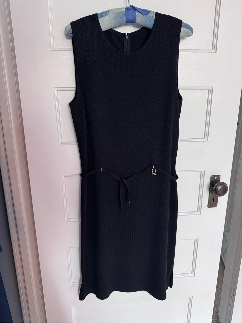 St. John Collection Black Sleeveless Knit Sheath with Waist Tie